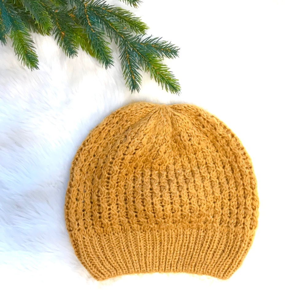 Olsenboye mustard yellow knit hat with gold thread